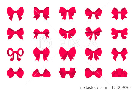 red pink bow icon flat set. Tie butterfly, knot decoration for gift, birthday, christmas present, valentine, wedding card, holiday surprise. Elegant decor for box, package or web site celebration sign 121209763