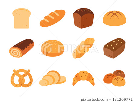 Bread flat set, organic bakery food. Rye, wheat, whole grain loaf, croissant, pretzel, farmhouse brown, white hamburger bun, whole and sliced baked goods gluten free, baked white slice, sweet roll 121209771