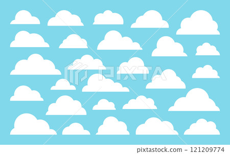 White fluffy clouds silhouettes on bright light blue sky. Cartoon puffy soft round vapor edges, float cloud various sizes minimalistic clear simple flat mist shapes, calm drift fog atmosphere White fluffy clouds silhouettes on bright light blue sky. Cartoon puffy soft round vapor edges, float cloud various sizes minimalistic clear simple flat mist shapes, calm drift fog atmosphere 121209774