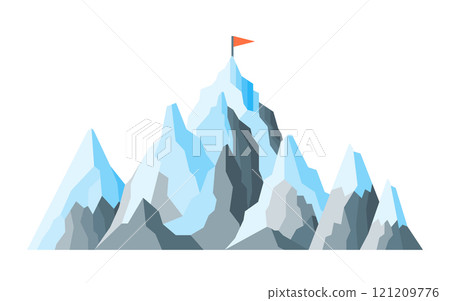 Mountain peaks in flat style featuring sharp edges, jagged shapes, snowy slopes, and icy ridges. Tall summits with glaciers, rugged formations, and pointed forms. On peak rises flag, altitude mark 121209776