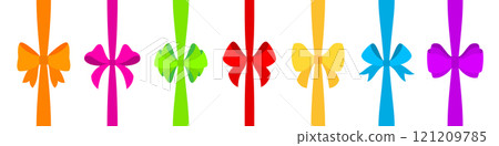 Colorful bows on ribbons flat set. Decorative knots in vivid colors. Loops tied in smooth curves. Wrapping elements for gifts box, package, decorations. Elegant bow on tape for packaging present 121209785