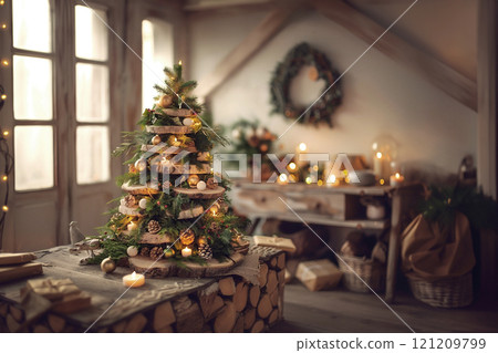 Elegant Christmas tree decorated with natural ornaments and warm lights in a cozy room. Elegant Christmas tree decorated with natural ornaments and warm lights in a cozy room. 121209799