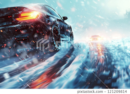 Dynamic winter driving experience on snow-covered road with trailing car. 121209814