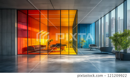 Modern interior design with a vibrant polychromatic glass wall 121209922
