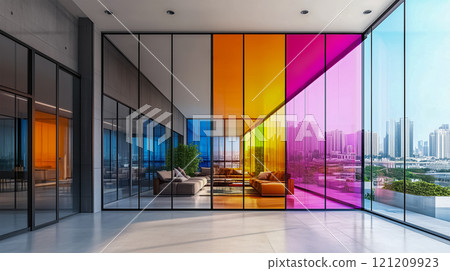 Modern interior design with a vibrant polychromatic glass wall Modern interior design with a vibrant polychromatic glass wall 121209923