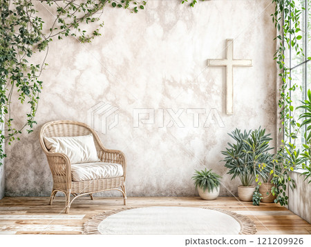 A quiet room for meditation and prayer with a cross on the wall 121209926