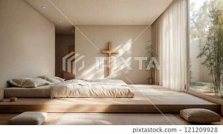 A quiet room for meditation and prayer with a cross on the wall 121209928