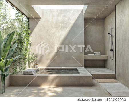 A minimalist bathroom features a freestanding oval bathtub made of natural stone, set against a wall with a textured microcement finish. A minimalist bathroom features a freestanding oval bathtub made of natural stone, set against a wall with a textured microcement finish. 121209930