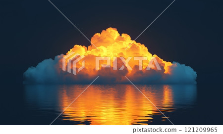 A cloud with lightning reflecting on water, on the dark blue background. 121209965