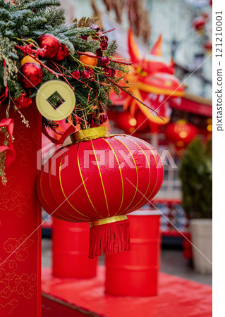 Festive red lantern decorates vibrant street during Lunar New Year celebrations Festive red lantern decorates vibrant street during Lunar New Year celebrations 121210001