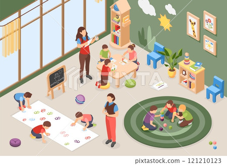 Isometric children in playroom. Playtime in kindergarten, child and teacher indoor activities. Preschool kids drawing and playing together, flawless vector scene 121210123