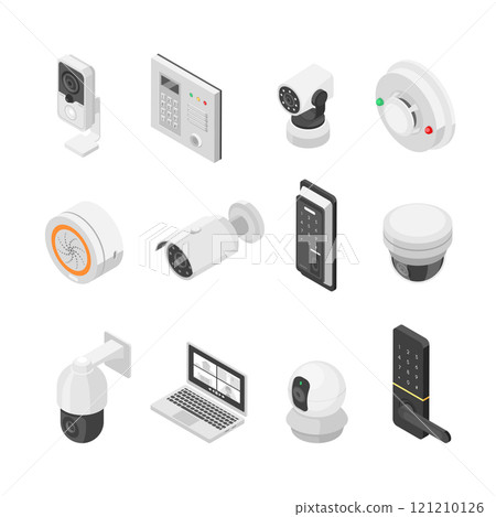 Home security isometric elements. Cctv, camera, signaling and code lockers. Control and protection house apartments or office. Digital technologies flawless vector set 121210126