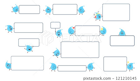 Water drops characters banners. Funny drop with blank posters, cards with place for text. Cute cartoon liquid character with sign board, nowaday vector set Water drops characters banners. Funny drop with blank posters, cards with place for text. Cute cartoon liquid character with sign board, nowaday vector set 121210145