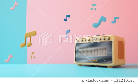 Old radio on pastel background with musical notes floating around it. 121210153
