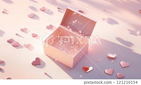 An open pink box and metallic pink and silver hearts are all around it with pink background. 121210154