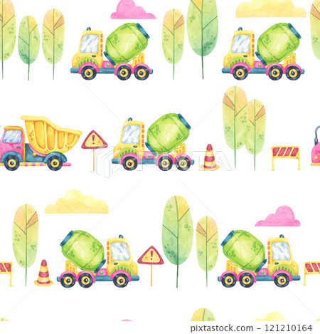 Yellow dump trucks, concrete mixers and green trees in a watercolor seamless pattern with clouds and signs. Ideal for nursery wall art, fabric designs, or kids backpacks and clothing 121210164