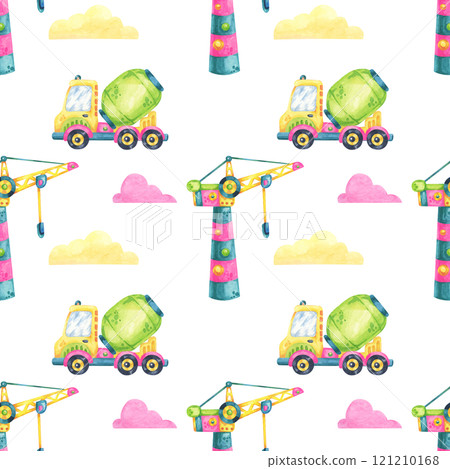 Yellow and green cement mixers, with clouds and colorful construction cranes, form a playful watercolor seamless pattern. This illustration is great for baby bedding, pajamas, or scrapbooking paper Yellow and green cement mixers, with clouds and colorful construction cranes, form a playful watercolor seamless pattern. This illustration is great for baby bedding, pajamas, or scrapbooking paper 121210168
