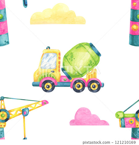 A watercolor seamless pattern featuring a green cement mixer truck with clouds and a construction crane. This clipart is perfect for childrens apparel, school supplies, and nursery wall decor A watercolor seamless pattern featuring a green cement mixer truck with clouds and a construction crane. This clipart is perfect for childrens apparel, school supplies, and nursery wall decor 121210169