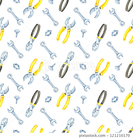 A seamless pattern of yellow pliers, silver wrenches, and bolts in watercolor illustration style. Perfect for DIY product designs, home decor, and custom tool-themed apparel 121210170
