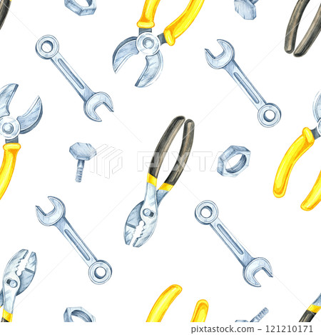 Yellow-handled pliers, silver bolts, and wrenches in a seamless watercolor pattern. Ideal for DIY craft packaging, tool-themed decor, or creating custom stationery or gift wraps Yellow-handled pliers, silver bolts, and wrenches in a seamless watercolor pattern. Ideal for DIY craft packaging, tool-themed decor, or creating custom stationery or gift wraps 121210171