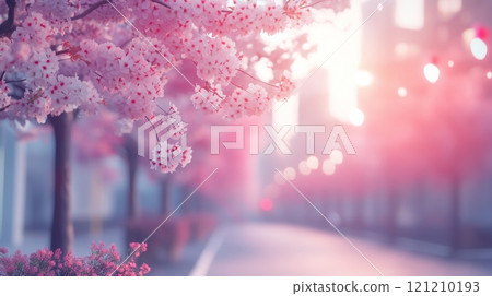 An avenue of Japanese cherry trees in pink and white blossom, in the blurred background. 121210193