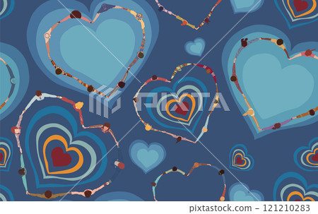 Backdrop seamless pattern Chain of a group of multicultural people seen from above holding hands and forming a heart shape.Community of friends or volunteers.Inclusion equality.Top View 121210283