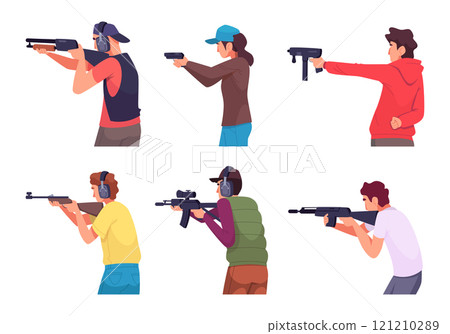 Shooters. Male and female people with weapons aiming and shooting to targets exact vector characters view from the back Shooters. Male and female people with weapons aiming and shooting to targets exact vector characters view from the back 121210289