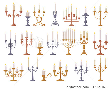 Vintage candles. Candlestick collection with burning candles recent vector illustrations with gold and bronze candelabrum Vintage candles. Candlestick collection with burning candles recent vector illustrations with gold and bronze candelabrum 121210290