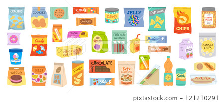 Snack products. Junk food in packages crisps candies different cold drinks soda chocolate bars recent vector snacks illustrations 121210291