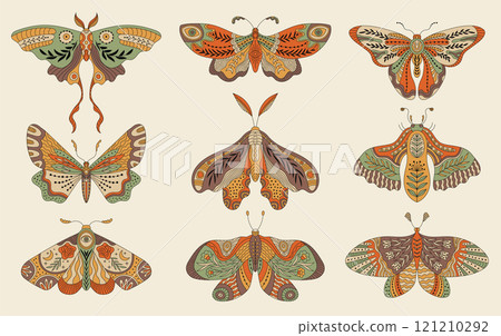 Boho butterflies. Decorative tattoo design of fairytale flying mystical insects butterflies collection recent vector items for astrology cards Boho butterflies. Decorative tattoo design of fairytale flying mystical insects butterflies collection recent vector items for astrology cards 121210292