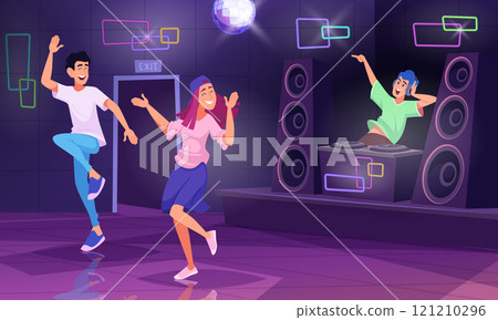 Dj background. Party in night club with active dancers and dj musicians exact vector illustrations Dj background. Party in night club with active dancers and dj musicians exact vector illustrations 121210296