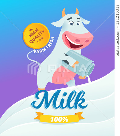 milk placard. cow with can of milk. vector poster with place for text 121210312