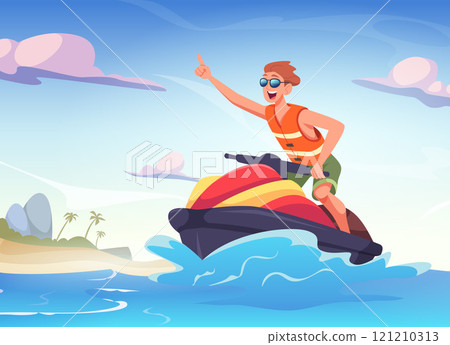 jet ski. Funny male character riding on water bike. Vector template 121210313