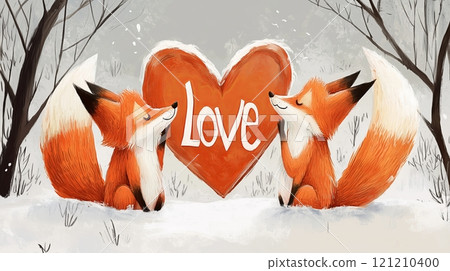 Two foxes with a large tail, with a heart and the word love. 121210400