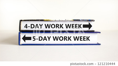 5 or 4 day week symbol. Concept word 5-day work week or 4-day work week on beautiful books. Beautiful white table white background. Business and 5 or 4 day week concept. Copy space. 121210444