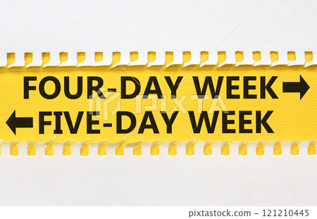 5 or 4 day week symbol. Concept word Five-day week or Four-day week on beautiful yellow paper. Beautiful white paper background. Business and five or four day week concept. Copy space. 5 or 4 day week symbol. Concept word Five-day week or Four-day week on beautiful yellow paper. Beautiful white paper background. Business and five or four day week concept. Copy space. 121210445