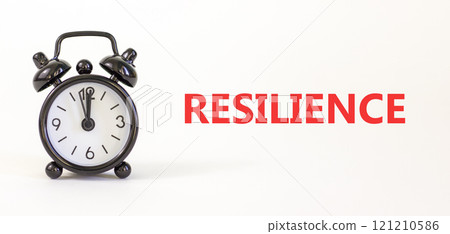 Resilience symbol. Concept word Resilience on beautiful white paper. Beautiful white paper background. Black alarm clock. Business resilience concept. Copy space. 121210586