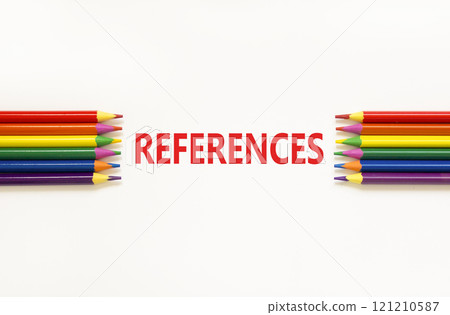 References or reference symbol. Concept word References on beautiful white paper. Beautiful white paper background. Beautiful colored pencils. Business references or reference concept. Copy space. 121210587