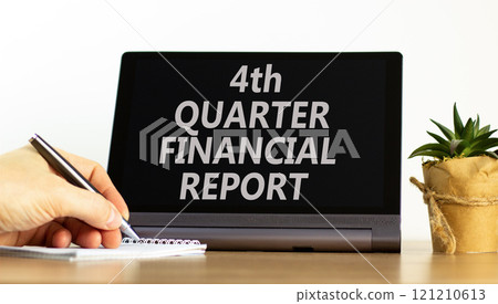 4th quarter financial report symbol. Concept words 4th quarter financial report on beautiful black tablet. Beautiful white background. Business 4th quarter financial report concept. Copy space. 121210613