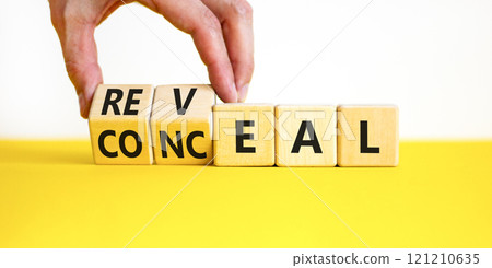 Reveal or conceal symbol. Businessman turns wooden cubes and changes word Conceal to Reveal. Beautiful yellow table white background, copy space. Business reveal or conceal concept. Reveal or conceal symbol. Businessman turns wooden cubes and changes word Conceal to Reveal. Beautiful yellow table white background, copy space. Business reveal or conceal concept. 121210635