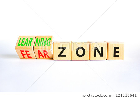 Learning or fear zone symbol. Concept words Learning zone Fear zone on wooden cubes. Beautiful white table white background. Business and learning or fear zone concept. Copy space. Learning or fear zone symbol. Concept words Learning zone Fear zone on wooden cubes. Beautiful white table white background. Business and learning or fear zone concept. Copy space. 121210641