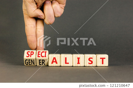 Specialist or globalist symbol. Concept words Specialist Globalist on beautiful wooden blocks. Beautiful grey background. Doctor hand. Business specialist or globalist concept. Copy space Specialist or globalist symbol. Concept words Specialist Globalist on beautiful wooden blocks. Beautiful grey background. Doctor hand. Business specialist or globalist concept. Copy space 121210647