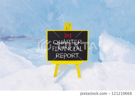 3rd quarter financial report symbol. Concept words 3rd quarter financial report on beautiful black blackboard. Beautiful blue ice background. Business 3rd quarter financial report concept. Copy space. 121210668