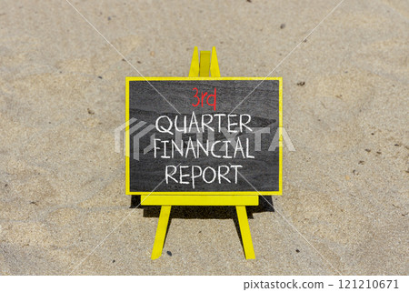 3rd quarter financial report symbol. Concept words 3rd quarter financial report on beautiful black blackboard. Beautiful sand background. Business 3rd quarter financial report concept. Copy space. 121210671