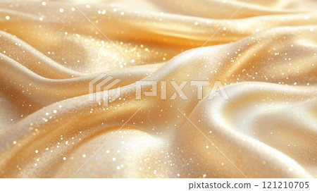 A shiny, shimmering golden fabric with glittery sparkles scattered across it. 121210705