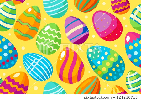 A lot of colorful painted Easter eggs on yellow 121210715