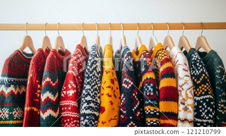 A row of colorful Christmas sweaters on hangers, each sweater adorned with unique patterns. 121210799