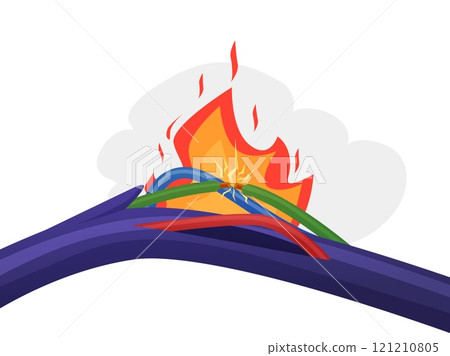 Short circuit background. Broken damaged copper wire with fire flame. Dangerous electrical cable, burning electricity connection or break, nowaday vector background Short circuit background. Broken damaged copper wire with fire flame. Dangerous electrical cable, burning electricity connection or break, nowaday vector background 121210805