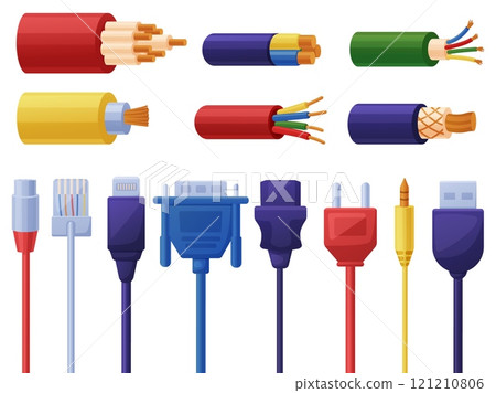 Cartoon cables and connectors. Power transmission electrical elements. Hdmi usb cable, various copper wires. Modern technologies nowaday vector set 121210806