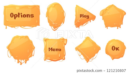 Cheese buttons. Melting cheddar emmental gouda ui design elements. Game or web page bars. Tasty sauce frames various shapes, nowaday vector set 121210807